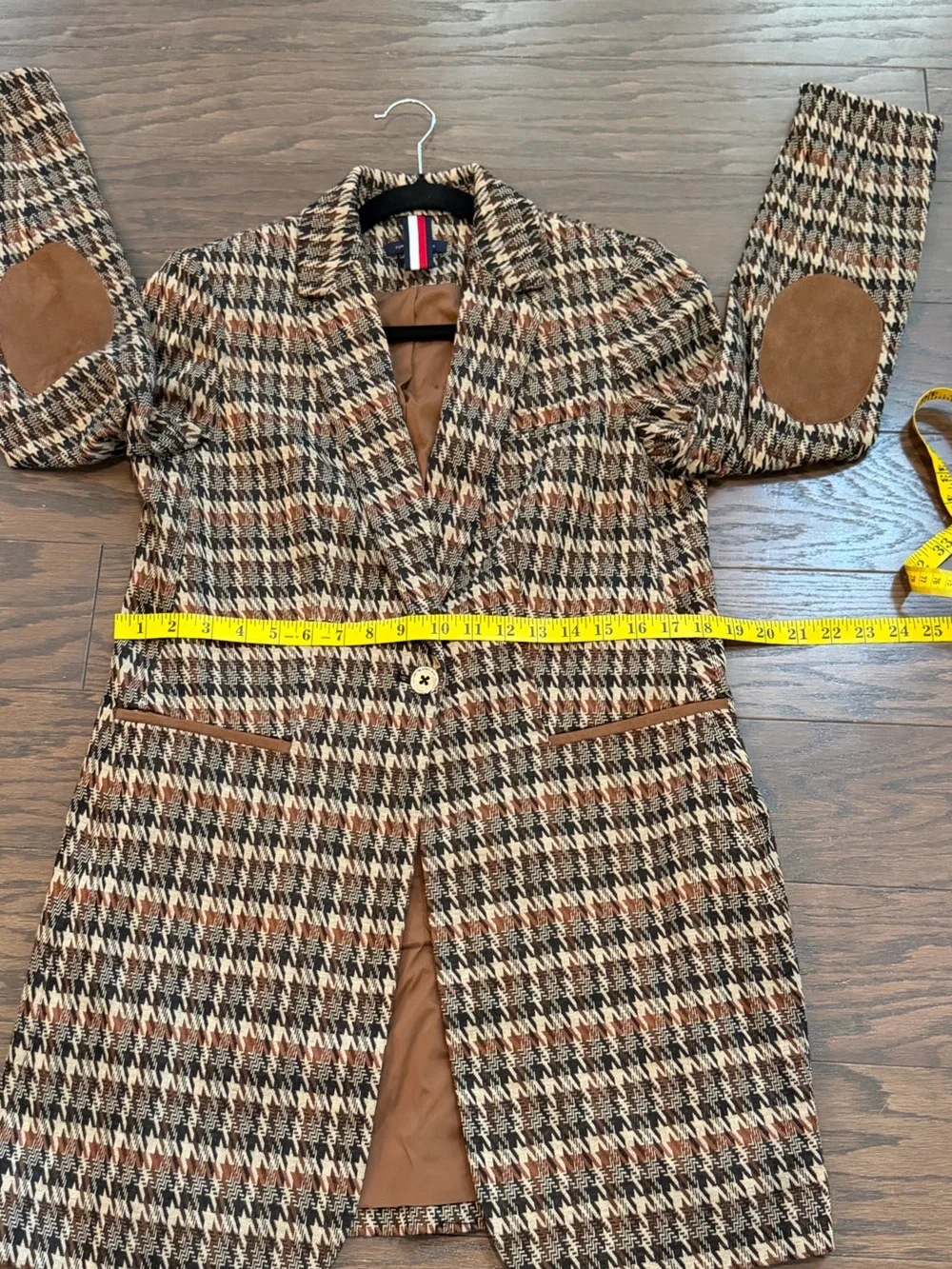 Tommy Hilfiger Houndstooth Longline Blazer Jacket Brown Faux Suede Elbow Size 10
